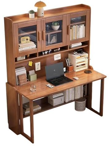 Esspoxi Moderner Sekretär Holz mit Glastüren, Platzsparender Schranktisch Klappbar für Wohnzimmer, Bücherregal mit Integriertem Schreibtisch, Kompakter Laptoptisch mit Stauraum(Walnut,40IN)