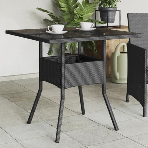 Lumanois Gartentisch mit Glasplatte Schwarz 80x80x75 cm Poly Rattan,12.6kg,365521
