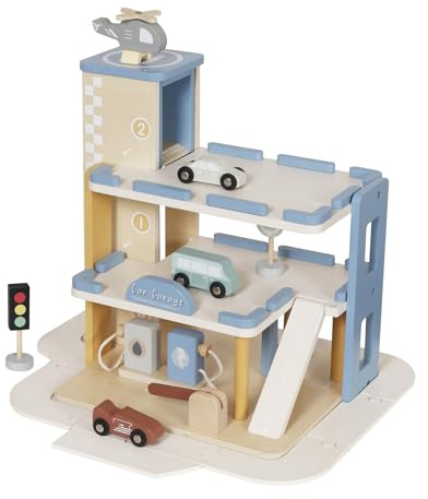 Holz Parkhaus Spielzeug mit Autos & Helikopter – 3-stöckige Spielzeuggarage mit Rampe, Aufzug & Zubehör – Montessori Holzspielzeug für Kinder ab 3 Jahren