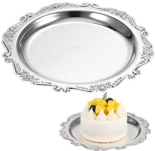 NOLITOY Silver Serving Tray 20 cm Round Iron Platter for Desserts | Wrought Iron Construction, Smooth Surface Wipes Clean, Round Plate Holds Snacks and Jewellery, for Coffee Tables and Serving