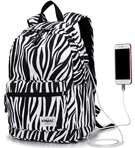 Kinmac Zaino da viaggio impermeabile per computer portatile da viaggio con porta di ricarica USB per laptop da 13 e 14 e 15,6 (zebre)