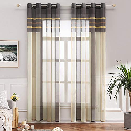 MIULEE Lot de 2 Rideaux Oeillet Voilage Moustiquaire Broderie d'impression de Rayure en Polyester Rideaux de Fenêtre Décoratives pour Salon Chambre Toilettes Café+ Beige 140x260 CM