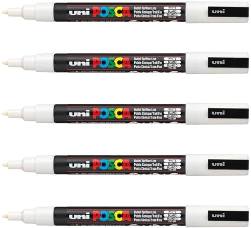 POSCA Mitsubishi Pencil – 5 Marker, weiß, PC3M, konische Spitze, feine Spitze, Marker für Farbe auf Wasserbasis, für Papier, Textilien, Glas, Kieselstein, Holz usw.