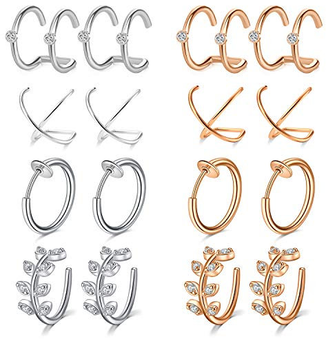 Mayhoop 16Stk Ohrklemme Ear Cuff Fake Piercings Ohr Manschette Clip on Knorpel Silber Rosegold Edelstahl Face Piercings Fake Helix Piercing Fake Nasenpiercing für Männer Damen