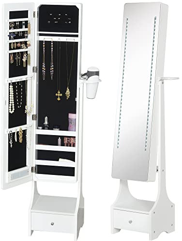 HOMCOM Jewellery Cabinet, Full Length Mirror with Storage, Free Standing Mirror with LED Lights, Hooks, Drawer and Hairdryer Holder for Bedroom, White
