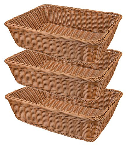 Yarlung 3 Pack Imitation Rattan Woven Bread Baskets, 30cm Poly Wicker Fruit Baskets for Food Serving, Display, Vegetables, Home Kitchen, Restaurant, Outdoor, Brown Rectangular