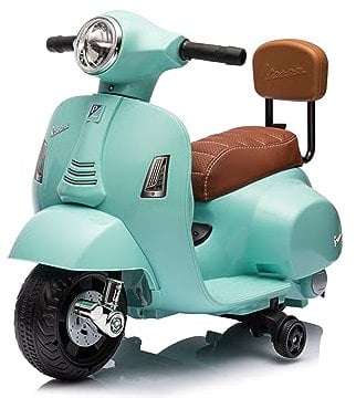 Mondial Toys Moto Elettrica Scooter per Bambini Mini Vespa GTS Piaggio 6V con Schienale Sedile in Pelle Luci Suoni Verde Tiffany