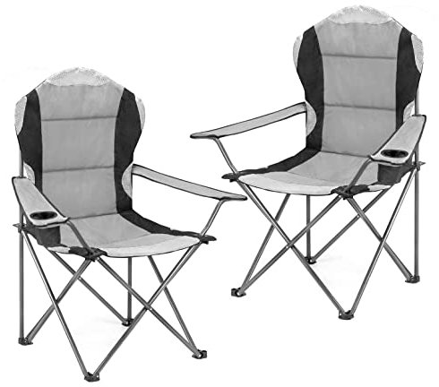 Hyfive Folding Camping Chairs Heavy Duty Luxury Padded with Cup Holder High Back - Grey - 2 Chairs