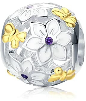 FeatherWish Gold Butterfly Charm Sterling Silver 925 Fits And Compatible With Pandora Bracelets Gift For Women Mum Sister Family Best Friend Wife Christmas Birthday (Butterfly Flower Bead)