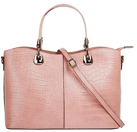 Cluty Handtasche Echt Leder Damen | Made in Italy, Smartphonefach, Damenhandtasche im Kroko-Design, Umhängetasche mit Reißverschluss, Ledertasche mit Henkel rosa | 021168