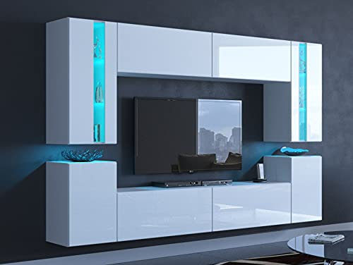 Furnitech Wohnwand Wohnzimmer | Wohnzimmer Möbel mit LED RGB - 16 Farben | Hängend Wohnwand Modern | Wohnzimmer Schrankwand mit Regale und TV Schrank (24/HG/W/2 1B Groß)