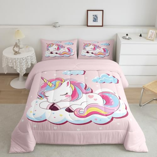 Loussiesd Kinder Bettdecke 135x200cm Mädchen Einhorn Rosa Karikatur Einhorn Regenbogen Wolken drucken Steppbett für Jugendliche Frauen Süß Tiere Dekorativ 4-Jahreszeiten Bettdecke Mikrofaser
