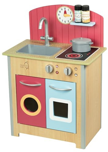 Teamson Kids Little Chef Porto Classic Interactive Wooden Play Kitchen with a Sink, Oven, and Storage Space for Easy Clean Up, Wood with Red Back Splash