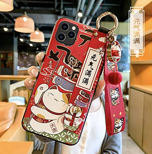 Z-soey Compatible with iPhone 13 Mini Case Phone Lanyard, 5.4 inch Cute Japanese Lucky Cat Design, Glitter Luxury Soft Silicone 3D Emboss 13mini Wrist Strap (iPhone Mini, Red)