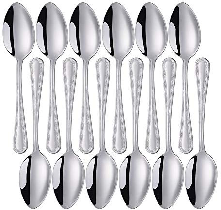 SUNSENGEUR Dessert Spoons, 18/0 Stainless Steel, Bead Pattern Cutlery 17.8 cm with Bead Pattern -Silver,Pack of 12