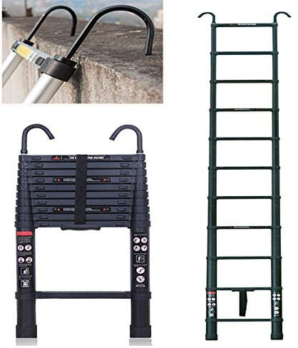3,2M Teleskopleiter mit Haken, Aluminium Ausziehleiter Mehrzweckleiter Rutschfester Klappleiter Stehleiter Ausziehbar Leiter für Dachboden/Kletterdach/Büronutzung/Baujob, 150kg/330 Pfund Belastbarkeit
