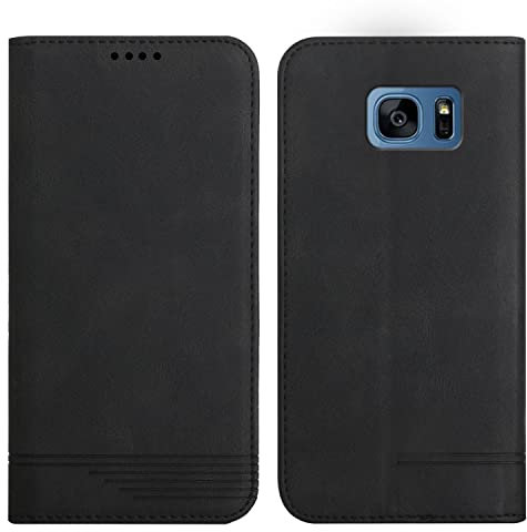 Klapphülle Kompatible für Samsung Galaxy S7, Einfarbig PU Lederhülle Weich TPU Handyhülle mit Kartenfach Stark Magnetverschluss Flip Case -Schwarz