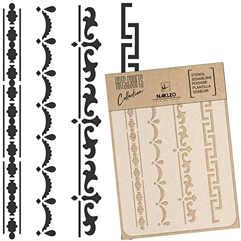 NAKLEO Malschablone für Handwerk A3 30x42cm, Mini Bordüren Set Muster, Wiederverwendbare Kunststoff DIY & Scrapbooking Zeichenschablone, Decoupage Kunst Vorlage, Wand Stoff Möbel Holz
