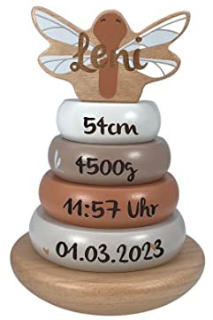 Label Label Stapelturm nougat - personalisierbar I Geschenk zur Geburt & Taufe I Handmade Baby Holzspielzeug I Personalisierte Geschenke Baby I Label-Label I Stapelspiel mit Name & Geburtsdaten
