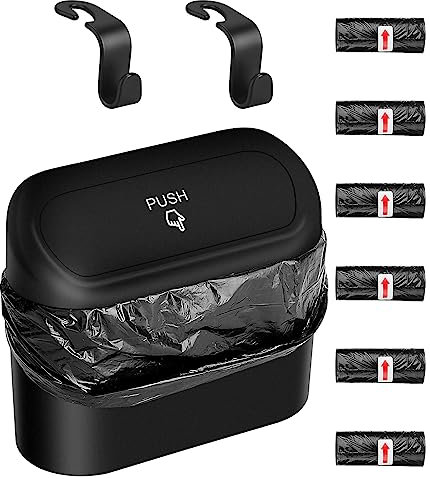AXNSATRE Car Bin, Car Trash Can with Lid, Multifunctional Mini Trash Bin for car with 90 Pcs Trash Bags & 2 Car Hooks, Push-on Design Car Bins, Cute Car Accessories, Car Rubbish Bin for Car Tidy