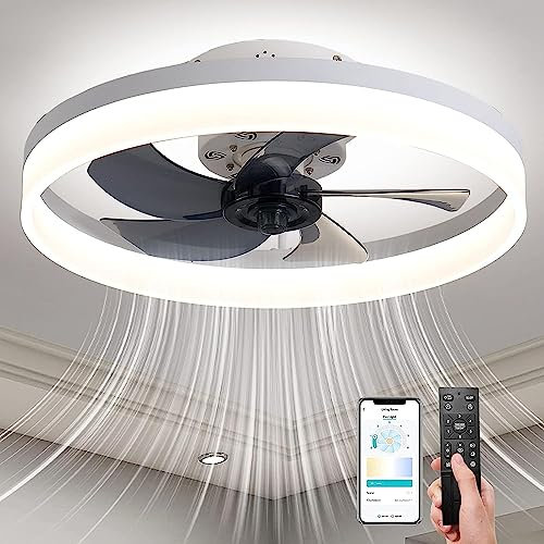 PIPRE 20 Modern Ceiling Fans with Lights and Remote, Dimmable Low Profile Ceiling Fans with,Smart 3 Light Color Change and 6 Speeds -White
