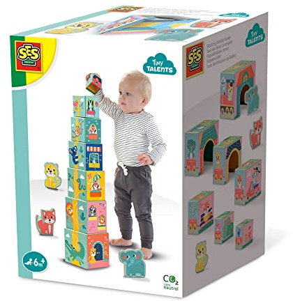 SES Creative | Stapelturm mit Tierfiguren aus Holz für Babys ab 6 Monaten | 7 Farbige Würfel & 3 Holztiere | Motorikspielzeug zur Förderung von Koordination & Fantasie | Sicheres Babyspielzeug
