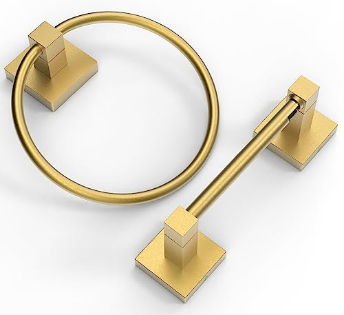 Ruacq Brushed Gold Toilet Paper Holder Towel Ring Bathroom Accessories Hardware Set Double Post Pivoting Toilet Roll Holder Square Stainless Steel and Zinc Alloy Modern Wall Mounted 2 Pieces