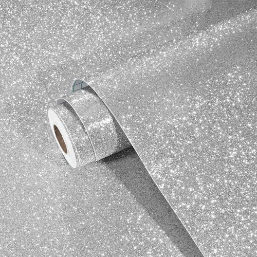 Yullpaper Selbstklebende Tapete Silbergrau Glitzer Wand Tapeten Wohnzimmer Silbergraue Glitzer Folie für Möbel Klebefolie Grau für Tisch Küchenschränke Glitzer Tapete Kinderzimmer Mädchen 40cm X 200cm