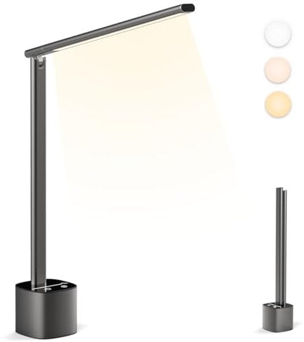 Hapfish LED Desk Lamp for Office & Study, Rechargeable Desk Light, Dimmable & Rotatable, 5000mAh Eye-Caring Foldable Battery Operated Desk Lamps with 3 Color Modes for Office Study Work (Grey)