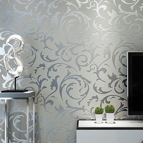 Trafagala 9.5 m x 0.53 m Grey Glitter Striped Wallpaper Modern Damask Embossed Textured Wallpaper for Living Room Bedroom TV Background Non-Woven Wallpaper Roll Retro Leaf