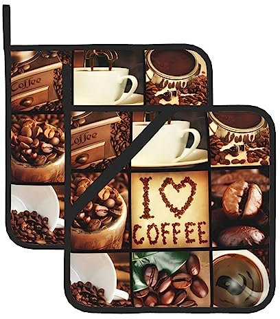 Topflappen mit Kaffee-Collagedruck, hitzebeständig, wasserdicht, für die Küche, zum Kochen, Backen, Ofen, Grillen, Einweihungsgeschenk, 2 Stück
