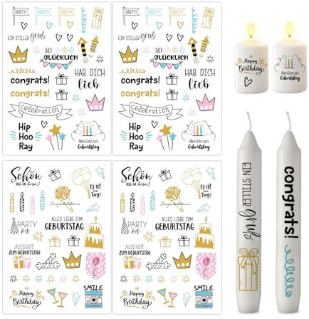 ALLAVA 4 Stück Kerzen Tattoo A5, Kerzentattoos Geburtstag, Wasserschiebefolie Kerzen, Kerzensticker Kerzenfolie Happy Birthday für Kerze Tasse DIY Geschenk, Kerzen Dekorieren, Kerzensprüche (C)