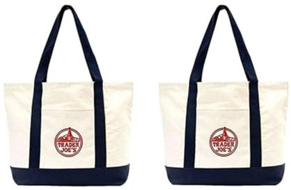 EXZMA Trader Joes Einkaufstasche, groß, Baumwollleinen, bestickt, 2 Stück, Marineblau, Large