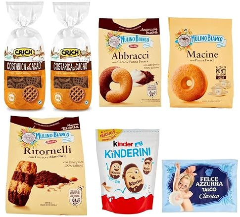 6er-Pack Testpaket Mulino Bianco Ritornelli Macine Abbracci + Ferrero Kinderini + Crich Costarica Kekse Kakaokekse Biscuits + 1er-Pack Kostenlos Felce Azzurra Talkumpuder, 100g-Beutel