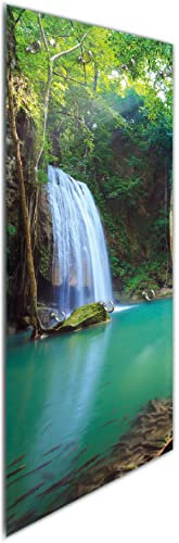 Wallario Wandgarderobe aus Glas in Größe 50 x 125 cm in Premium-Qualität, Motiv: Wasserfall im Wald am See Idylle in Thailand | 7 Kleiderhaken zum Aufhängen von Jacken