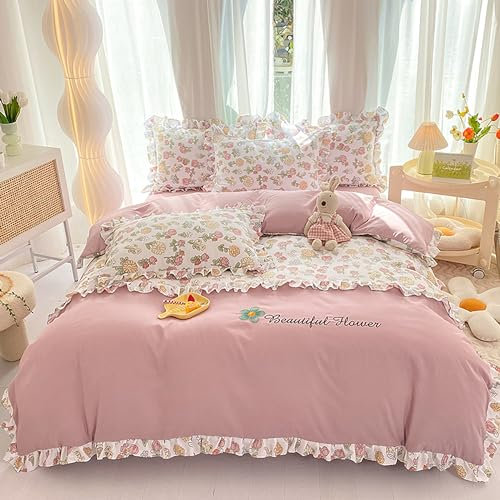 GETIYA Damen Mädchen Bettwäsche 135x200 Rosa Blumen Bettwäsche Mikrofaser Romantisch Rüschen Bettwäsche Floral Blumen Muster Bettbezug Einzelbett Rosa Bettwaren-Set mit 1 Kissenbezug 80x80