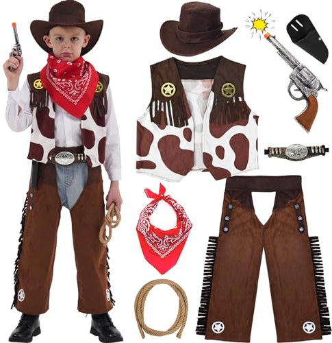 Ulikey 8 Pezzi Cowboy Costume Bambino, Vestito Carnevale Cowboy Bambino, Travestimento da Cowboy con Gilet Cappello Bandana Cowboy Accessori per Halloween Natale Carnevale Cosplay Dress Up Festa (T)