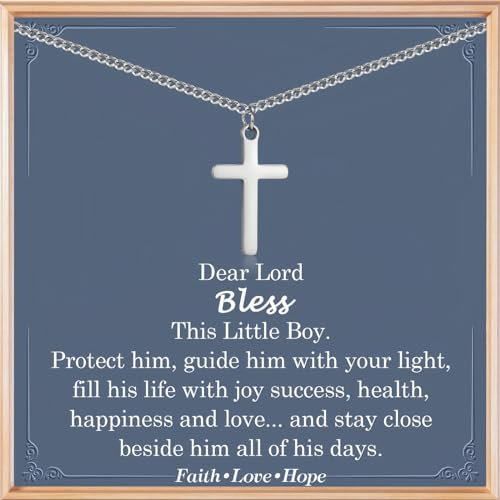 Christening Gift for Boy, Cross Necklace Gifts, Holy Communion Gifts Confirmation Gifts Baptism Gifts for Boys, Silver Chain with Cross Pendant for Son Grandson Nephew Christmas Easter Thanksgiving Da