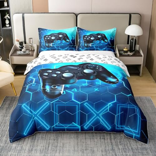 Homemissing Gaming Housse de Couette Gamer Bleu Jeu Vidéo Housse de Couette 220x240cm 100% Coton Console de Jeux Honeycomb Parure Décor de Chambre Hexagone Géométrique avec 2 Taie d'oreiller