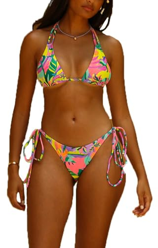 BSLVWG Damen Two Piece Lace Up Bikini Set Badeanzug Sexy Gedruckte Halter Dreieck Top Low Waisted Bottom Bikini Badeanzüge Bademode