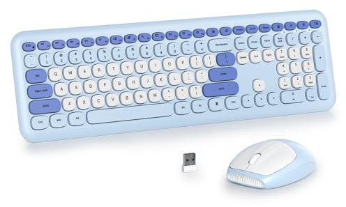 SOLIDEE Colorful Wireless Keyboard and Mouse Combo Set, 2.4GHz Retro Typewriter With Number Pad, Silent Membrane, Round Keycaps (US Layout QWERTY) (Pro Blue)
