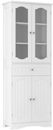 LIFEZEAL Badezimmerschrank Groß, Hochschrank mit verstellbarem Regal, Küchenschrank Badschrank mit Glastür, Aufbewahrungsschrank für Badezimmer & Wohnzimmer, 60 x 30 x 160 cm (Weiß)