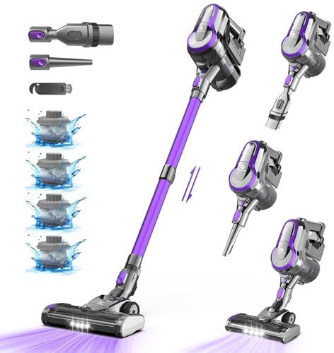 FixtFixer 350W/30KPa Akku Staubsauger, 4×HEPA, Staubsauger Kabellos mit Bürstenloser Motor, Bis zu 55 Min,1.1L Kabelloser Staubsauger für Harte Böden,Tierhaare,Treppen(Lila)