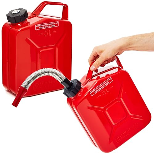 BW® Benzinkanister Metall 2x 5 Liter mit Schraubverschluss mit Ausgießer - Kraftstoffkanister Rot - RAL 3000 - TÜV-geprüft und UN-Zulassung - Made in Europe