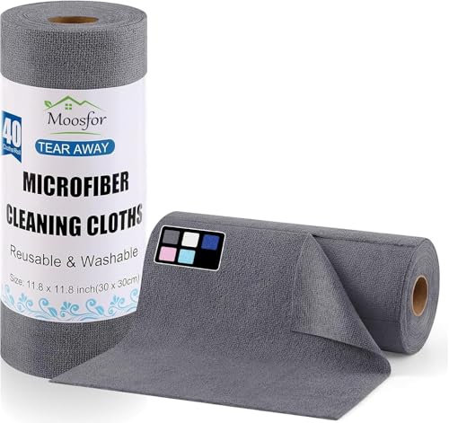 Moosfor Lot de 40 Rouleaux de Chiffons de Nettoyage en Microfibre, réutilisables, 30 x 30 cm, Ultra absorbants et Non Pelucheux pour Voiture, Maison, Cuisine, Gris