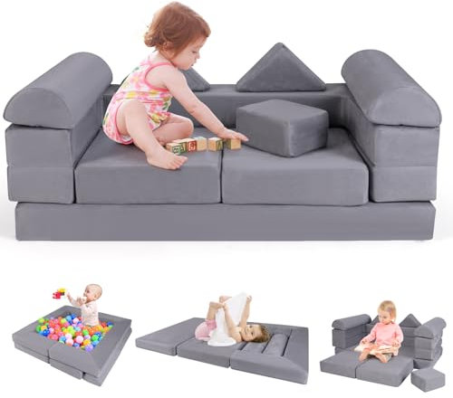 COSTWAY Modulares Kindersofa, 9-teiliges Spielsofa aus Schaumstoff Bausteine mit bequemem Wildlederstoff, Modulsofa für Kinder zum Spielen, Kreativsein, Schlafen (Grau)