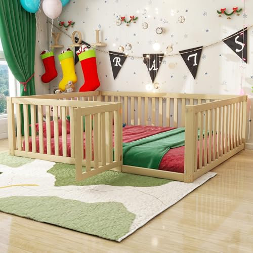 MQLAE Kinderbett mit Rausfallschutz, 2in1 Bodenbett Lattenrost, 140 x 200 Kinderbett für Baby und Kinder, Natur lackiert, bis 150 kg, Kiefer Massivholz Bed, Grau