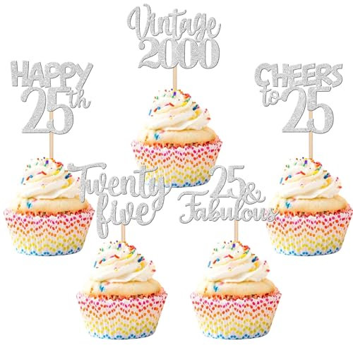 30 Stück Vintage 2000 Cupcake Toppers Glitzer Happy 25th Geburtstag Tortendeko Cheers to 25 Fabulous Twenty One Kuchen Deko für 25th Geburtstag Hochzeit Jahrestag Party Silber