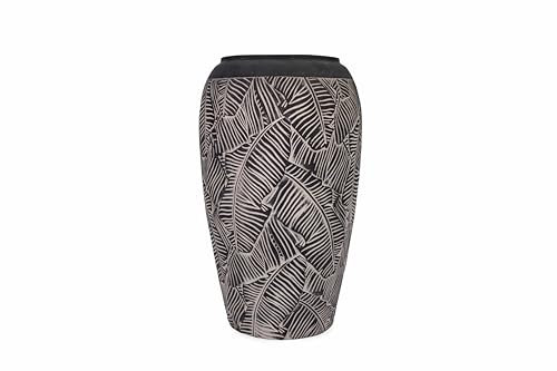 NATINDESIGN Bodenvase Groß Schwarz Weiß Blattmuster 70cm Ø28-35cm | XXL Vase Rund mit Loch für In- und Outdoor | Fiberglas Pflanzvase Hoch Bodenvasen XXL | Außen Innen Vasen Groß Pflanzkübel