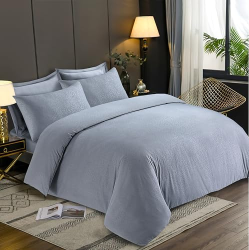 LYMA Bedding Duvet Cover Set King Leafs Embossed, OEKO-TEX Certified, Ultra Soft NanoPlush Double Brushed Quick Dry & Button Closure, Wrinkle Fade Resistant Quilt Cover with Pillowcase (Light Grey)